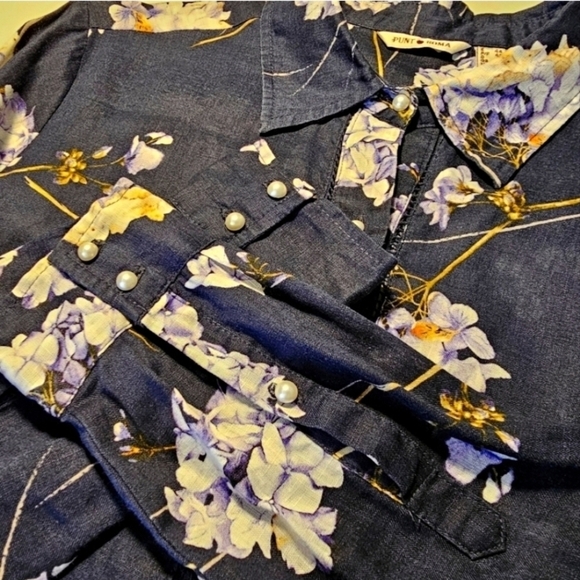 Punt Roma Navy Blue Floral Print Linen Blouse - Picture 12 of 16